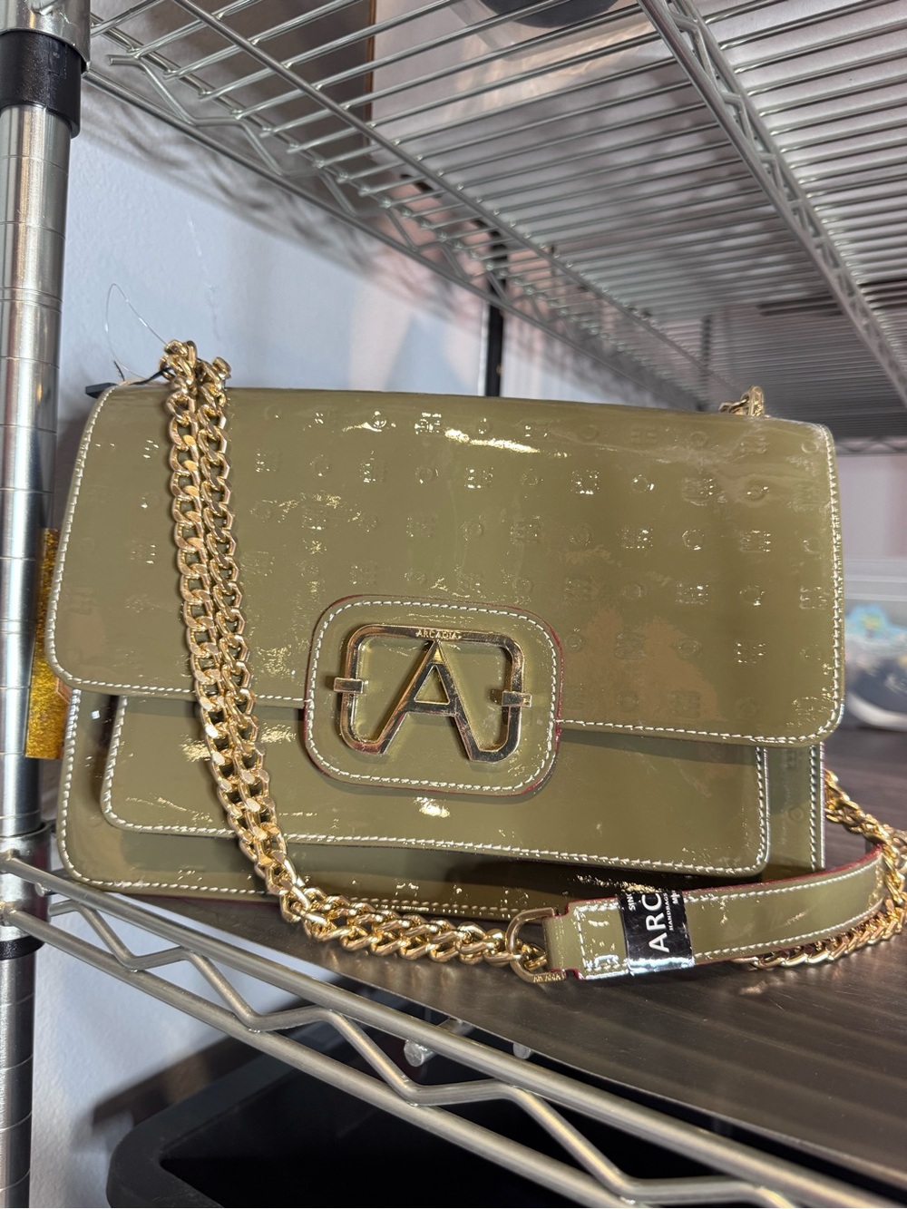 NWT Arcadia Olive Green  Crossbody Bag with Gold Chain. Genuine leather